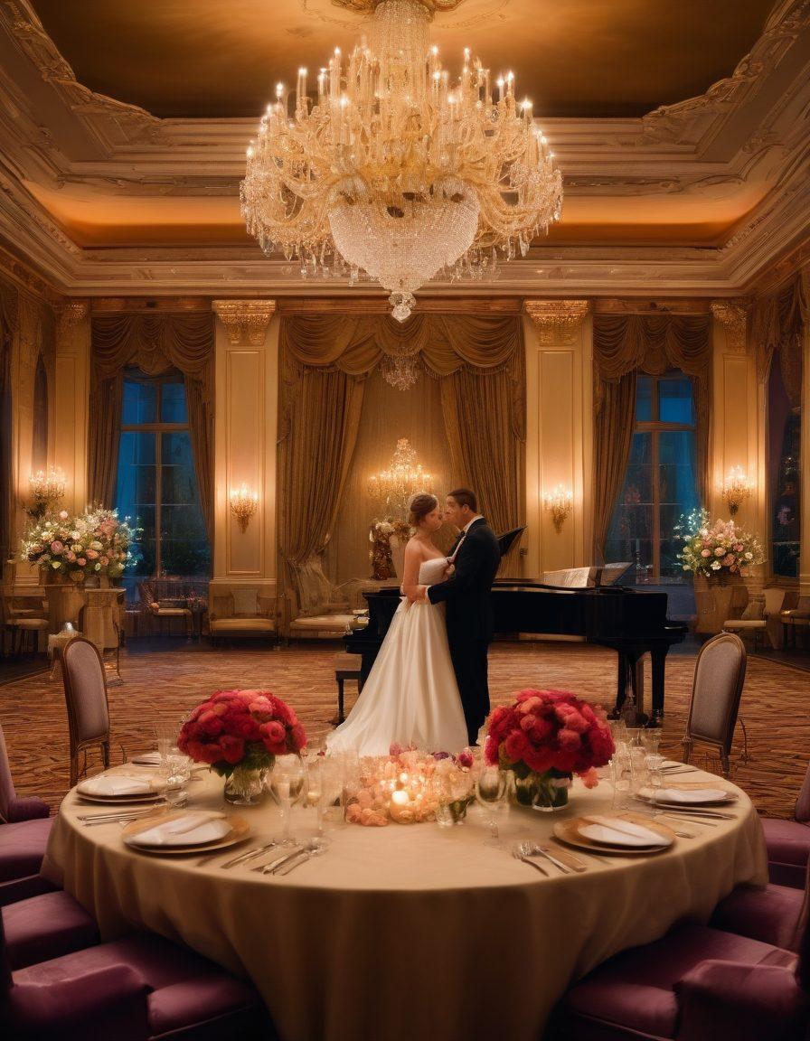 A luxurious ballroom filled with elegantly dressed couples engaging in deep conversations, surrounded by soft candlelight and exquisite floral arrangements. Highlight an atmosphere of intimacy and sophistication, with a musical ensemble in the background. Include a variety of exclusive decor elements that signify high-class gatherings. Capture the essence of romantic connections and elite socializing. super-realistic. vibrant colors. soft glow.