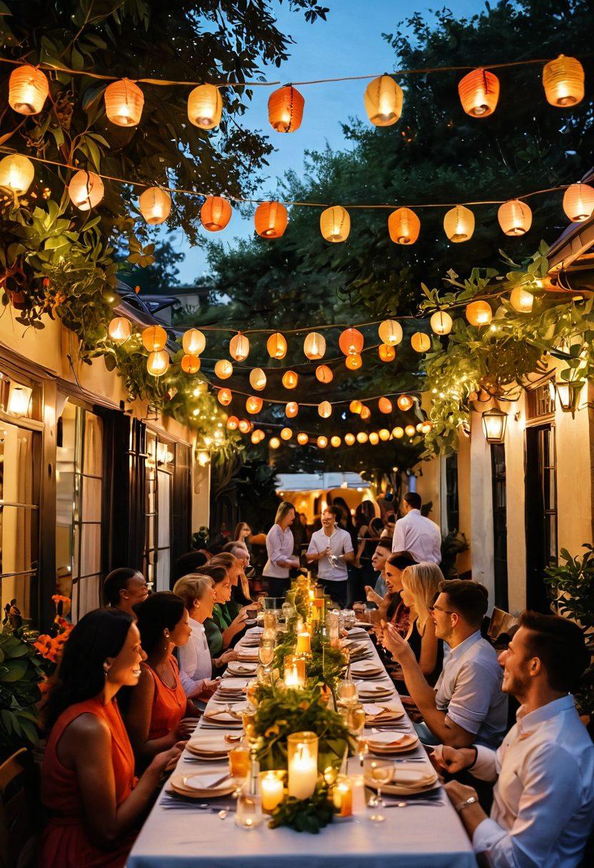 A vibrant scene of diverse people joyfully celebrating in a beautifully decorated outdoor space. Incorporate an array of colorful lanterns, lush greenery, and a long table filled with delicious food and drinks. Show laughter and bonding moments, such as friends toasting and sharing heartfelt conversations. The atmosphere should radiate warmth and happiness, capturing the essence of unforgettable gatherings. beautiful painting. vibrant colors. warm lighting.