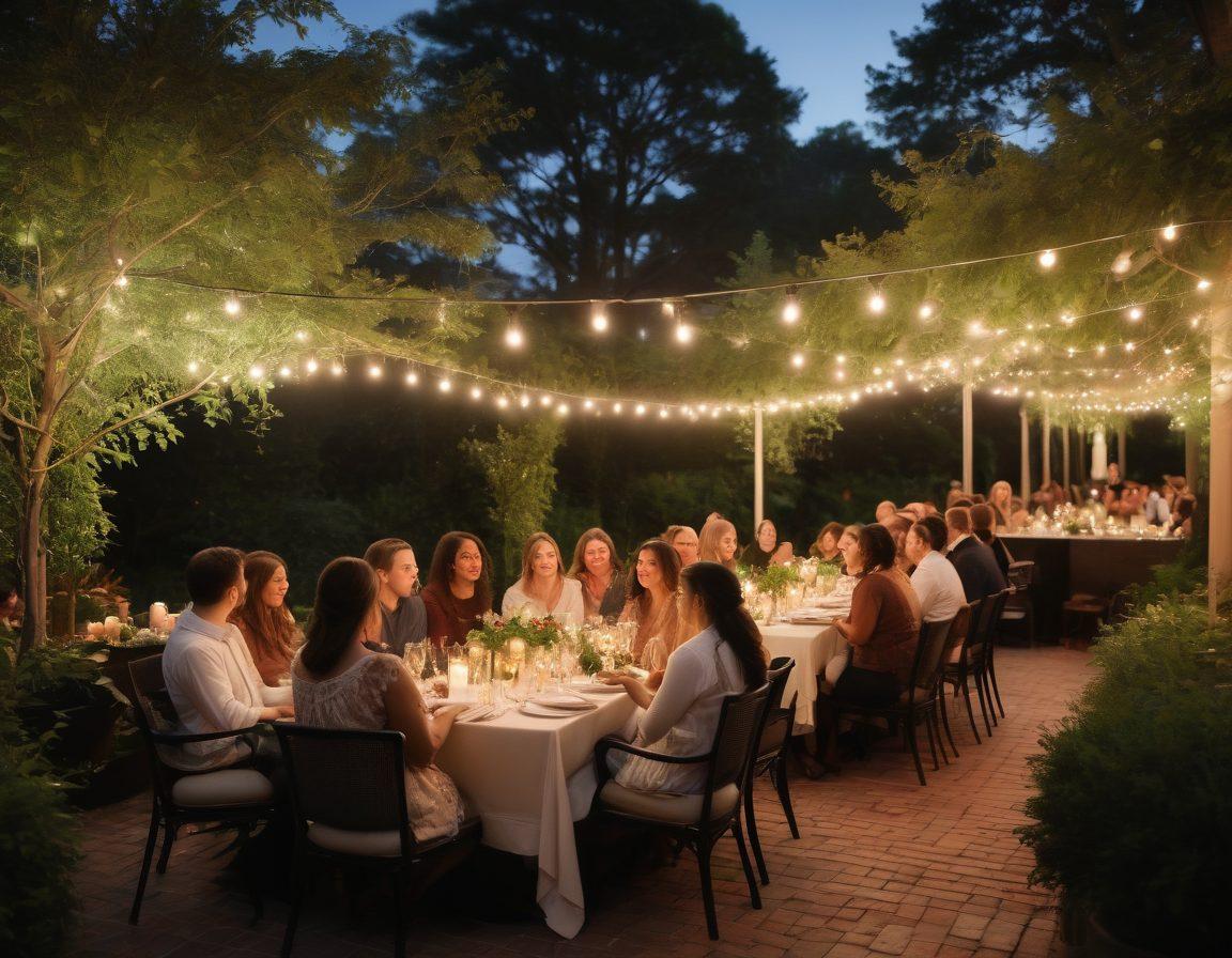 An elegant gathering of diverse individuals engaged in deep conversation, surrounded by lush greenery and soft candlelit tables, embodying warmth and connection. Include elements like laughter, shared meals, and a cozy ambiance, symbolizing meaningful relationships. Vibrant colors and soft lighting create an inviting atmosphere. super-realistic. cozy warm tones. outdoor setting.